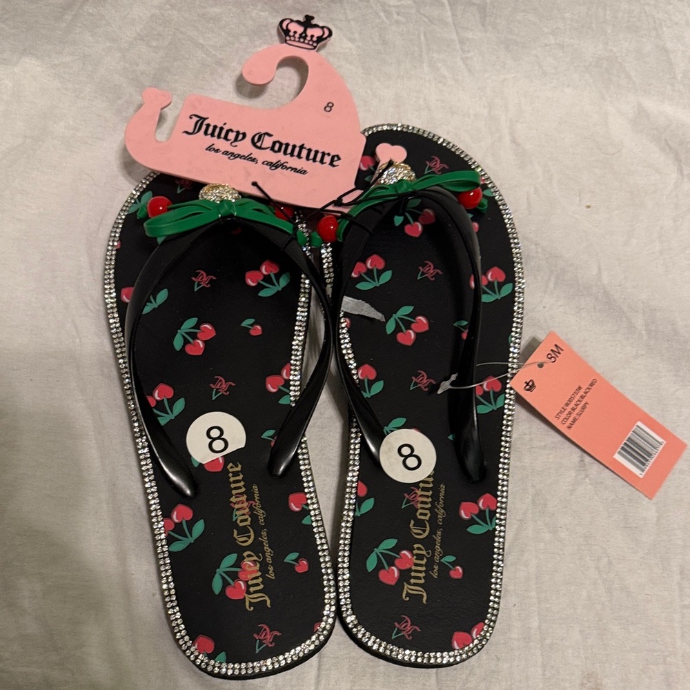 Juicy Couture Black Cherry Print Rhinestone Trim Flip Flops